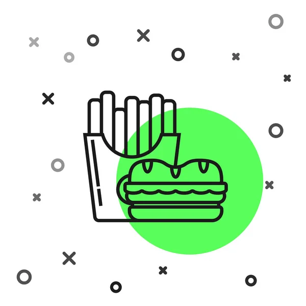 Línea negra Hamburguesa y papas fritas en caja de cartón icono aislado sobre fondo blanco. Hamburguesa, sándwich de hamburguesa con queso. Menú de comida rápida. Ilustración vectorial — Archivo Imágenes Vectoriales