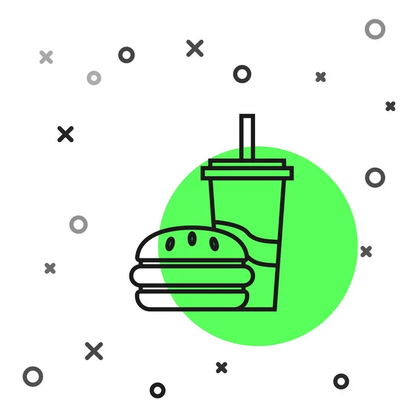 Fekete vonal papír üveg ivás szalma és Burger Icon izolált fehér háttér. Soda Aqua ital jele. Hamburger, sajtburgert szendvics. Vektoros illusztráció — Stock Vector