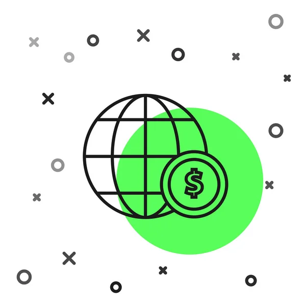 Globo Terra linha preta com ícone símbolo dólar isolado no fundo branco. Sinal do mundo ou da Terra. Símbolo global da Internet. Formas geométricas. Ilustração vetorial — Vetor de Stock