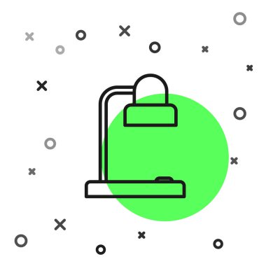 Beyaz arkaplanda siyah çizgi masa lambası simgesi izole edildi. Ofis lambası. Vektör İllüstrasyonu