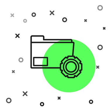 Beyaz arka planda yalıtılmış dişlisimgesine sahip siyah çizgi Klasör ayarları. Yazılım güncellemesi, transfer protokolü, takım çalışması araç yönetimi, kopyalama işlemi. Vektör İllüstrasyonu