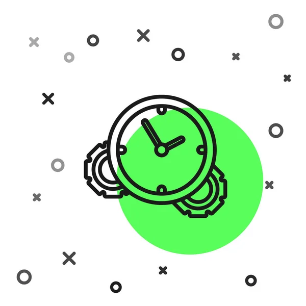 Μαύρο εικονίδιο διαχείρισης χρόνου γραμμής απομονώνεται σε λευκό φόντο. Ρολόι και σήμα ταχυτήτων. Σύμβολο παραγωγικότητας. Απεικόνιση διανυσματικών φορέων — Διανυσματικό Αρχείο