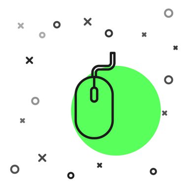 Siyah çizgi bilgisayar fare simgesi beyaz arkaplanda izole edildi. Tekerlek sembollü optik. Vektör İllüstrasyonu