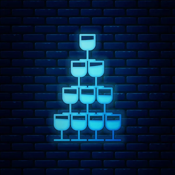 Lumineux néon Verres à vin empilés dans une icône de tour pyramidale isolée sur fond de mur de briques. Panneau de verre à vin. Illustration vectorielle — Image vectorielle