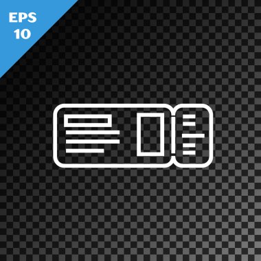 Beyaz çizgi seyahat bileti simgesi şeffaf karanlık arka planda izole edildi. Tren, gemi, uçak, tramvay, otobüs. Seyahat servisi konsepti. Vektör İllüstrasyonu