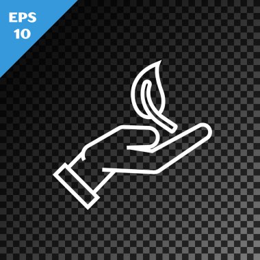 Çevre koruma ikonunun elindeki beyaz çizgi koyu renk arka planda izole edilmiş. Tohum ve tohum. Fidan dikiyorum. Ekoloji konsepti. Vektör İllüstrasyonu