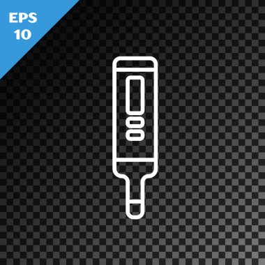 Tıbbi muayene ikonu için beyaz çizgi dijital termometresi şeffaf koyu arkaplanda izole edilmiş. Vektör İllüstrasyonu