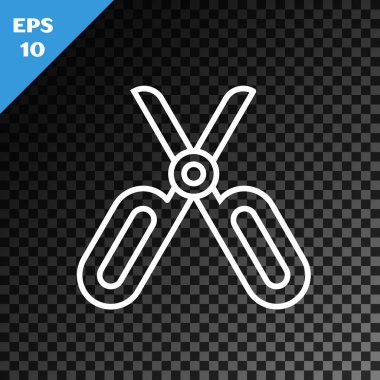 Beyaz çizgi makas simgesi, şeffaf koyu arkaplanda izole edildi. Terzi sembolü. Alet kesme işareti. Vektör İllüstrasyonu