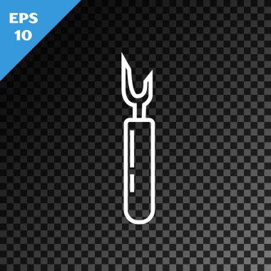 Beyaz çizgi kesme aracı simgesi, şeffaf koyu arkaplanda izole edildi. Bıçakla bıçak dikmek. Vektör İllüstrasyonu