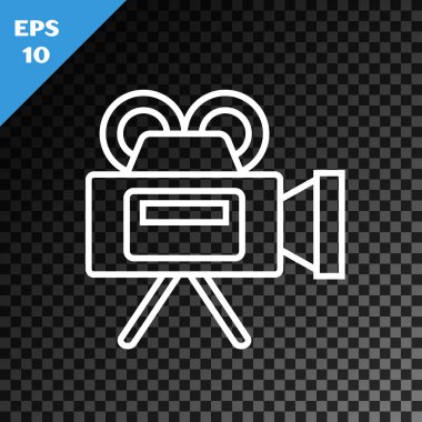 Beyaz çizgi sinema kamerası simgesi, şeffaf koyu arkaplanda izole edildi. Video kamera. Film tabelası. Film projektörü. Vektör İllüstrasyonu