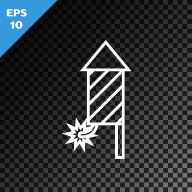 Beyaz çizgi Firework roket ikonu, şeffaf koyu arkaplanda izole edildi. Eğlence partisi anlayışı. Patlayıcı havai fişek sembolü. Vektör İllüstrasyonu