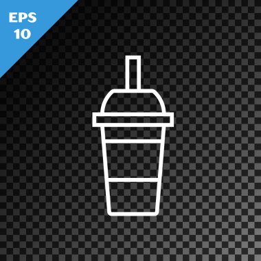 Beyaz hat Kağıt cam içme saman ve su simgesi şeffaf koyu arka plan üzerinde izole ile. Soda bardak iç. Taze soğuk içecek sembolü. Vektör İllüstrasyonu