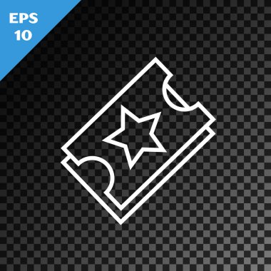 Beyaz çizgi Bilet simgesi şeffaf koyu arkaplanda izole edildi. Eğlence parkı. Vektör İllüstrasyonu