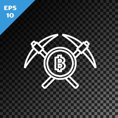 Beyaz çizgi, şeffaf koyu arkaplanda izole edilmiş kazma simgesini çaprazladı. Engelleme teknolojisi, kripto para madenciliği, bitcoin, altsikkeler, dijital para piyasası. Vektör İllüstrasyonu