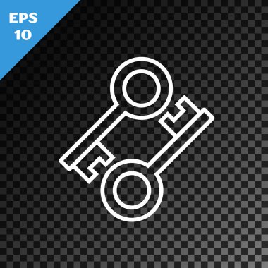 Beyaz çizgi şifreleme anahtar simgesi şeffaf koyu arkaplanda izole edildi. Siber güvenlik kavramı ya da özel anahtar, teknolojik arayüzlü dijital anahtar. Vektör İllüstrasyonu