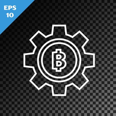 Beyaz çizgi kripto para sikkesi Bitcoin simgesi şeffaf karanlık arka planda izole edildi. Vites ve Bitcoin ayarı. Engelleme zinciri tabanlı şifreli para birimi. Vektör İllüstrasyonu