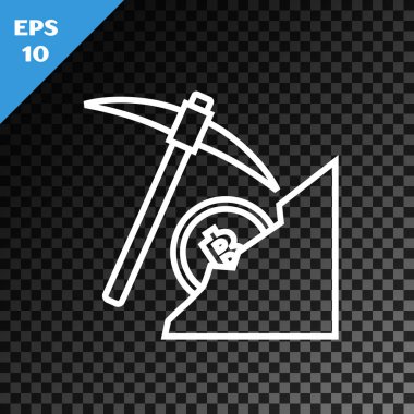 Beyaz çizgi kripto para birimi bulut maden ikonu şeffaf karanlık arka planda izole. Kazmalı bulut, bitcoin, dijital para piyasası, kripto para cüzdanı. Vektör İllüstrasyonu