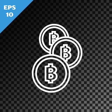 Beyaz çizgi kripto para sikkesi Bitcoin simgesi şeffaf karanlık arka planda izole edildi. Madeni para. Engelleme zinciri tabanlı şifreli para birimi. Vektör İllüstrasyonu