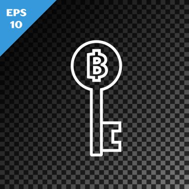 Beyaz çizgi Kripto Para Birimi Bitcoin anahtar simgesi şeffaf karanlık arkaplanda izole edildi. Siber güvenlik kavramı ya da teknolojik arayüzü olan dijital anahtar. Vektör İllüstrasyonu