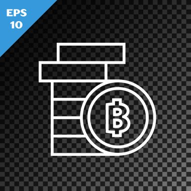 Beyaz çizgi kripto para sikkesi Bitcoin simgesi şeffaf karanlık arka planda izole edildi. Madeni para. Engelleme zinciri tabanlı şifreli para birimi. Vektör İllüstrasyonu