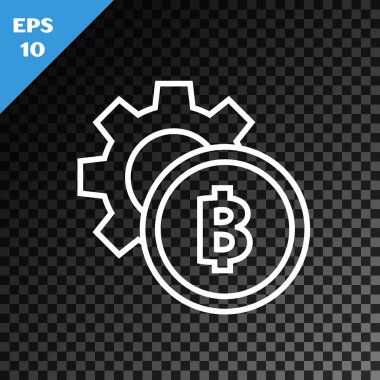 Beyaz çizgi kripto para sikkesi Bitcoin simgesi şeffaf karanlık arka planda izole edildi. Vites ve Bitcoin ayarı. Engelleme zinciri tabanlı şifreli para birimi. Vektör İllüstrasyonu