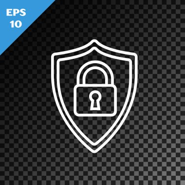 Beyaz Hat Kalkan Güvenliği 'nin karanlık arka planında kilit simgesi izole edildi. Koruma, güvenlik, şifre güvenliği. Güvenlik duvarı gizlilik levhası. Vektör İllüstrasyonu
