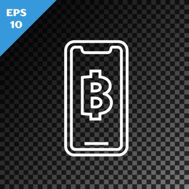 Beyaz çizgili telefon ve kripto para birimi simgesi Bitcoin karanlık arka planda izole edildi. Madeni para. Engelleme zinciri tabanlı şifreli para birimi. Vektör İllüstrasyonu