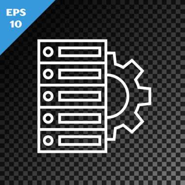Beyaz çizgi sunucusu ve dişli simgesi şeffaf koyu arkaplanda izole edildi. Uygulama, servis konsepti, ayar seçenekleri, bakım, onarım, onarım. Vektör İllüstrasyonu