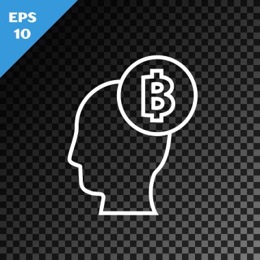 Beyaz çizgi Bitcoin simgesinin şeffaf karanlık arka planda izole olduğunu düşünüyor. Kripto para birimi başı. Engelleme teknolojisi, dijital para piyasası, şifreli para cüzdanı. Vektör İllüstrasyonu