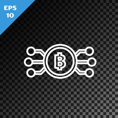 Beyaz çizgi Kripto para birimi bitcoin, şeffaf koyu arkaplanda izole edilmiş mikroçip devre ikonu ile daire içinde. Engelleme teknolojisi, dijital para piyasası. Vektör İllüstrasyonu
