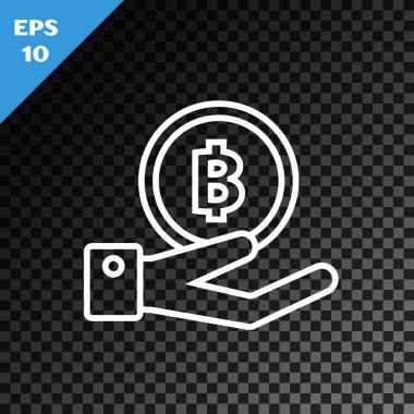 Beyaz Çizgili El, Bitcoin simgesini karanlık arka planda tutuyor. Engelleme teknolojisi, dijital para piyasası, şifreli para cüzdanı. Vektör İllüstrasyonu