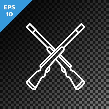 Beyaz çizgi iki çapraz silah ikonu, şeffaf karanlık arka planda izole edilmiş. Avcı silahı. Vektör İllüstrasyonu