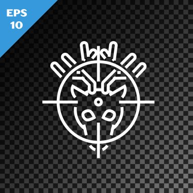 Geyik üzerinde beyaz çizgi avı. Saydam karanlık arka planda izole edilmiş hedef simgesi olan bir geyik. Geyik ve hedefli av kulübü logosu. Tüfek merceği bir geyiği hedef alıyor. Vektör İllüstrasyonu