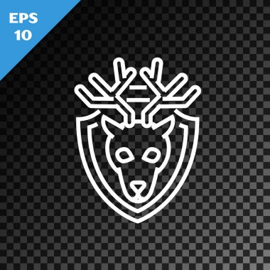 Beyaz çizgili geyik kafası ve kalkan simgesinde boynuzları olan şeffaf koyu arka planda izole edilmiş. Duvarda av kupası. Vektör İllüstrasyonu