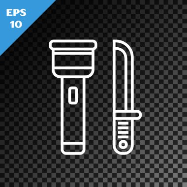 Beyaz çizgi el feneri ve bıçak ikonu şeffaf koyu arkaplanda izole edilmiş. Vektör İllüstrasyonu