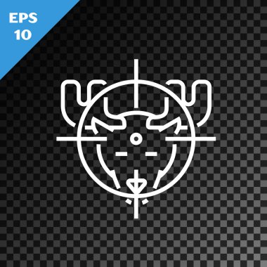 Geyik üzerinde beyaz çizgi avı ve şeffaf karanlık arka planda izole edilmiş hedef simgesi. Geyik ve hedefli av kulübü logosu. Tüfek merceği bir geyiği hedef alıyor. Vektör İllüstrasyonu