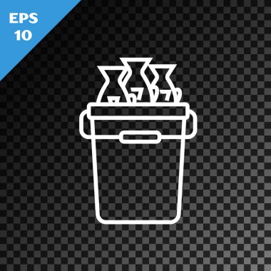 Şeffaf karanlık arka planda izole edilmiş balık ikonlu beyaz çizgi balıkçı kovası. Kovadaki balık. Vektör İllüstrasyonu