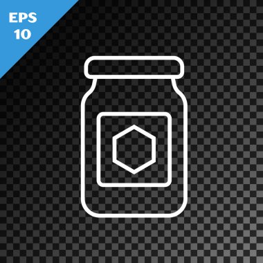 Beyaz çizgi kavanoz bal ikonu şeffaf koyu arkaplanda izole. Yiyecek bankası. Tatlı doğal gıda sembolü. Vektör İllüstrasyonu