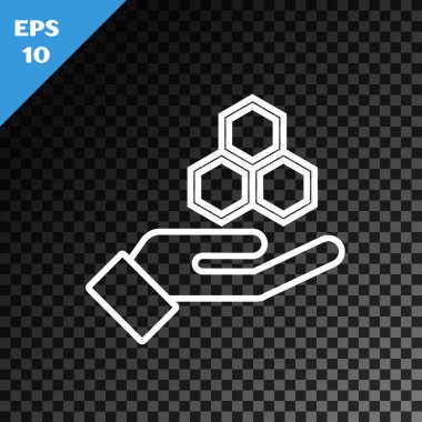 Beyaz çizgi bal peteği ve el simgesi şeffaf koyu arkaplanda izole edilmiş. Bal hücrelerinin sembolü. Tatlı doğal yemek. Vektör İllüstrasyonu