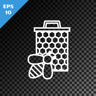 Beyaz çizgi Arı ve bal peteği simgesi şeffaf koyu arkaplanda izole edilmiş. Bal hücreleri. Tatlı doğal yemek. Bal arısı ya da kanat sembollü apis. Uçan böcek. Vektör İllüstrasyonu