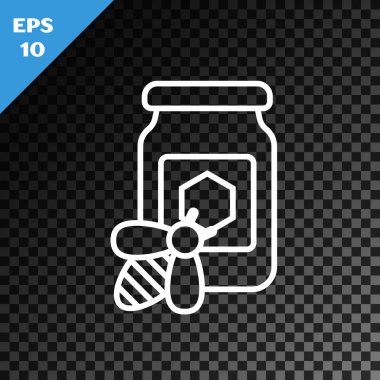 Beyaz çizgi kavanoz bal ve şeffaf koyu arkaplan üzerine izole edilmiş arı ikonu. Bankada tatlı doğal yiyecekler. Bal arısı ya da kanat sembollü apis. Uçan böcek. Vektör İllüstrasyonu