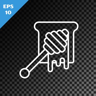 Şeffaf koyu arkaplanda izole edilmiş bal ikonu damlayan beyaz çizgi Bal Dipper çubuğu. Tatlı kepçe. Vektör İllüstrasyonu