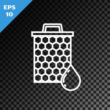 Beyaz çizgi bal peteği simgesi, şeffaf koyu arkaplanda izole edildi. Bal hücrelerinin sembolü. Tatlı doğal yemek. Vektör İllüstrasyonu