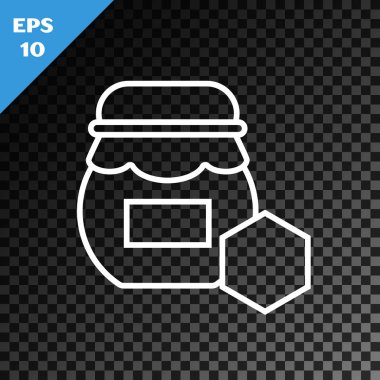 Beyaz çizgi kavanoz bal ikonu şeffaf koyu arkaplanda izole. Yiyecek bankası. Tatlı doğal gıda sembolü. Vektör İllüstrasyonu