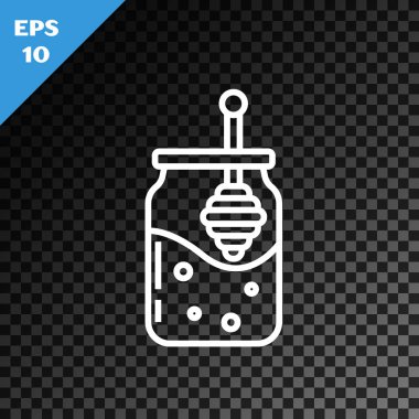 Beyaz çizgi kavanoz bal ve ballı şeker çubuğu simgesi şeffaf koyu arkaplanda izole edilmiş. Yiyecek bankası. Tatlı doğal gıda sembolü. Tatlı kepçe. Vektör İllüstrasyonu