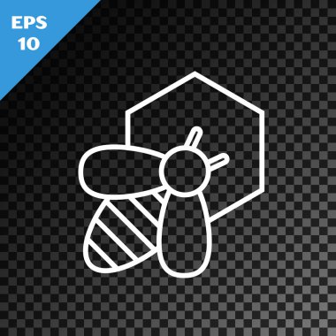 Beyaz çizgi Arı ve bal peteği simgesi şeffaf koyu arkaplanda izole edilmiş. Bal hücreleri. Bal arısı ya da kanat sembollü apis. Uçan böcek. Tatlı doğal yemek. Vektör İllüstrasyonu