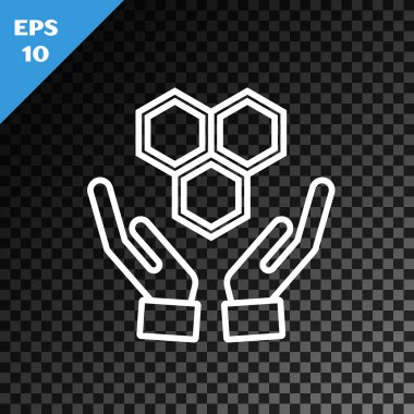 Beyaz çizgi bal peteği ve el simgesi şeffaf koyu arkaplanda izole edilmiş. Bal hücrelerinin sembolü. Tatlı doğal yemek. Vektör İllüstrasyonu