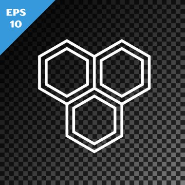 Beyaz çizgi bal peteği simgesi, şeffaf koyu arkaplanda izole edildi. Bal hücrelerinin sembolü. Tatlı doğal yemek. Vektör İllüstrasyonu