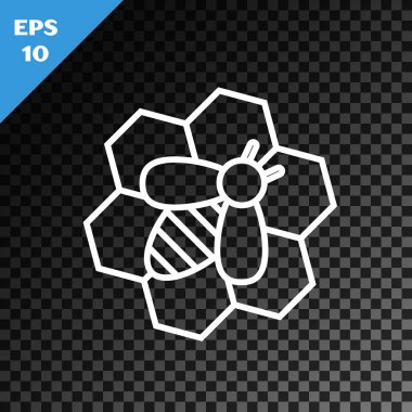 Beyaz çizgi Arı ve bal peteği simgesi şeffaf koyu arkaplanda izole edilmiş. Bal hücreleri. Bal arısı ya da kanat sembollü apis. Uçan böcek. Tatlı doğal yemek. Vektör İllüstrasyonu