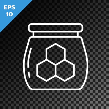 Beyaz çizgi kavanoz bal ikonu şeffaf koyu arkaplanda izole. Yiyecek bankası. Tatlı doğal gıda sembolü. Vektör İllüstrasyonu
